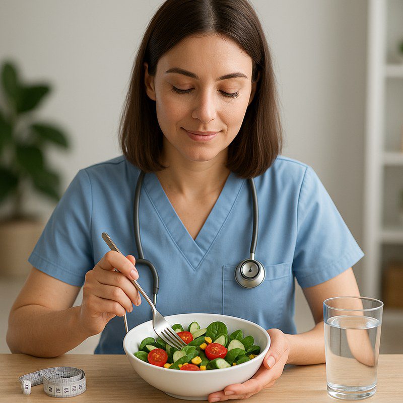 Person eating mindfully with a calm setting