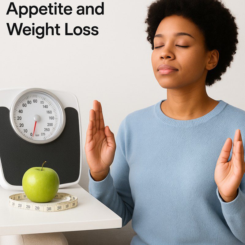 Person managing stress with healthy food choices