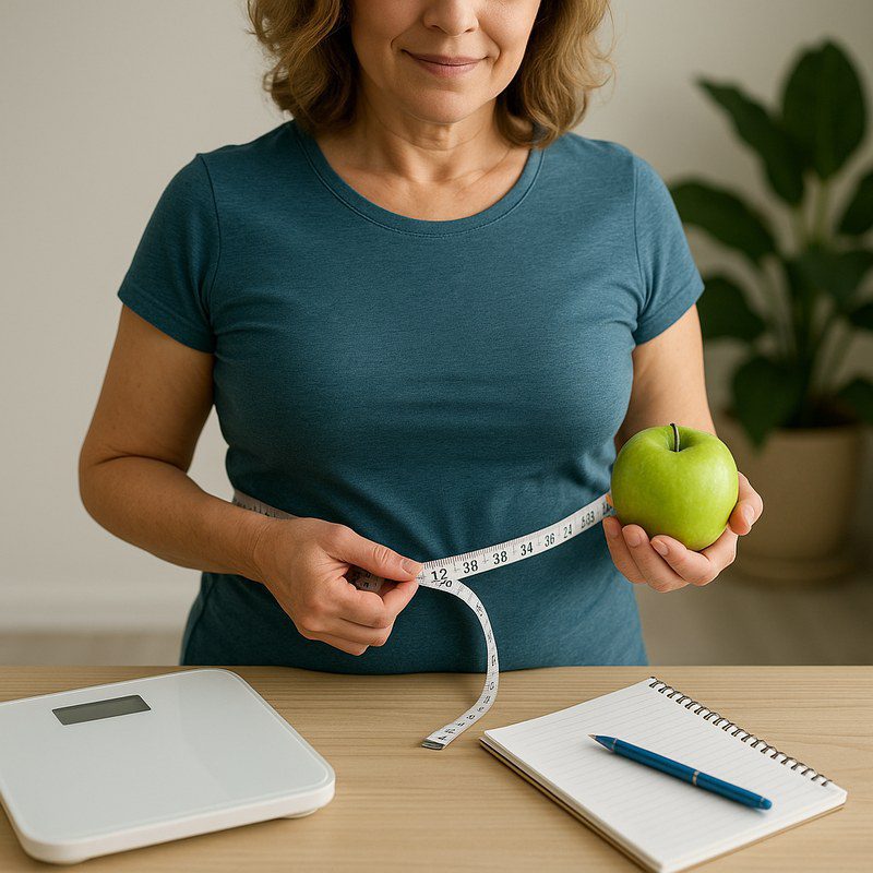 Person stepping on scale with thoughtful expression